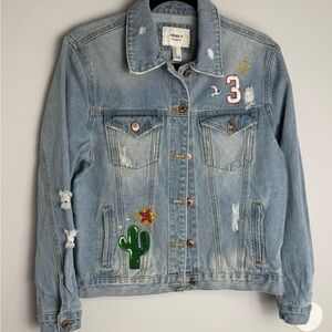 Forever 21 Light Blue Denim Jacket with Embroidery Distressed